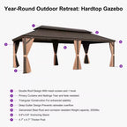 14 Ft. X 24 Ft. Bronze Patio Outdoor Gazebo for Backyard Hardtop Aluminum Frame, Hooks, Netting, Khaki Curtain,48-Lights