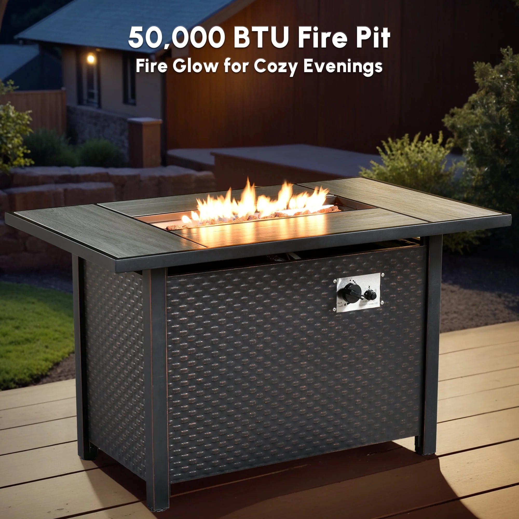 Outdoor Patio Furniture Set 9 Pieces Rattan Wicker Sectional with 42" Gas Fire Pit, Swivel Chairs, Solar Table, Navy Blue