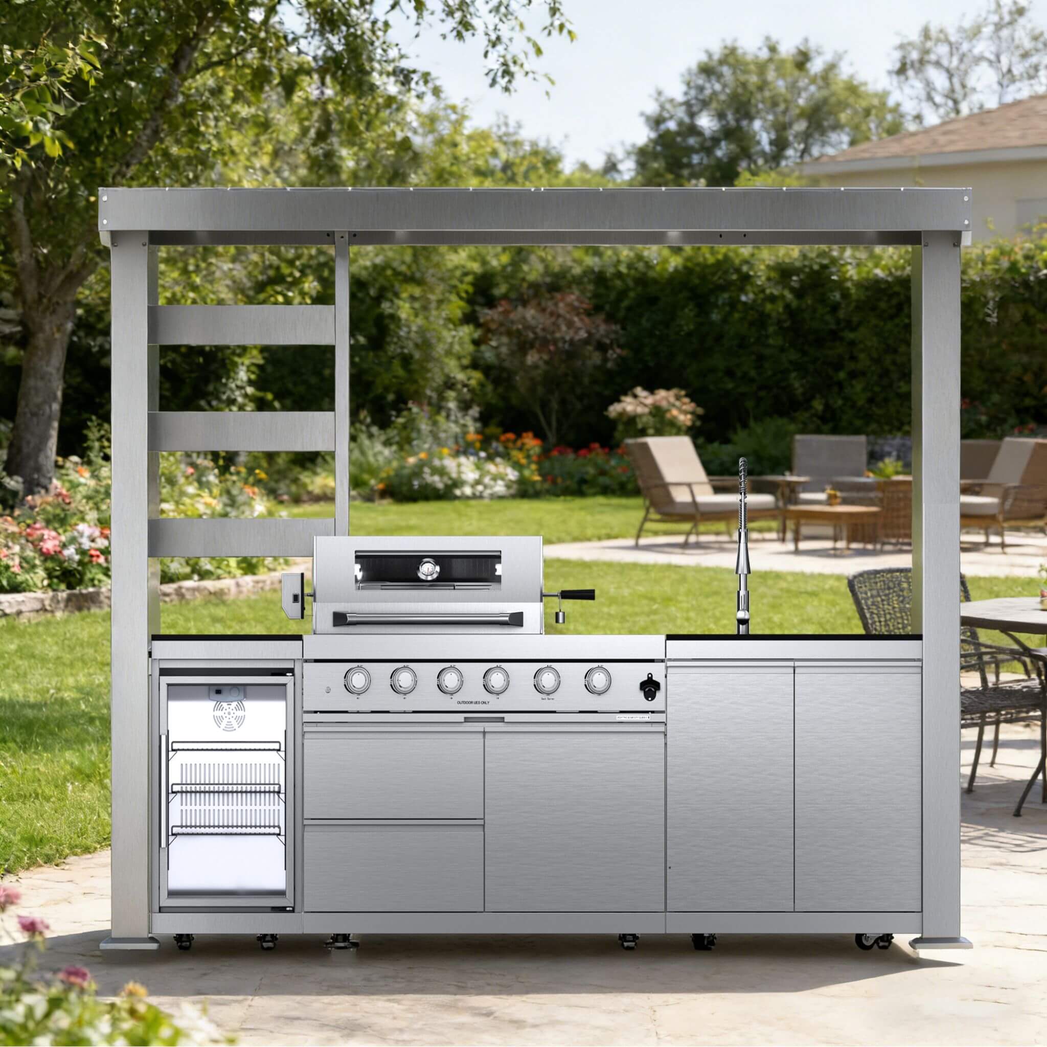 Castelle Flame Imperial 110-Inch 4-Burner 72K BTU Deluxe Stainless Steel Outdoor Kitchen Grill Island With Wine Cooler, Rotisserie, Cabinets, And Granite Countertops