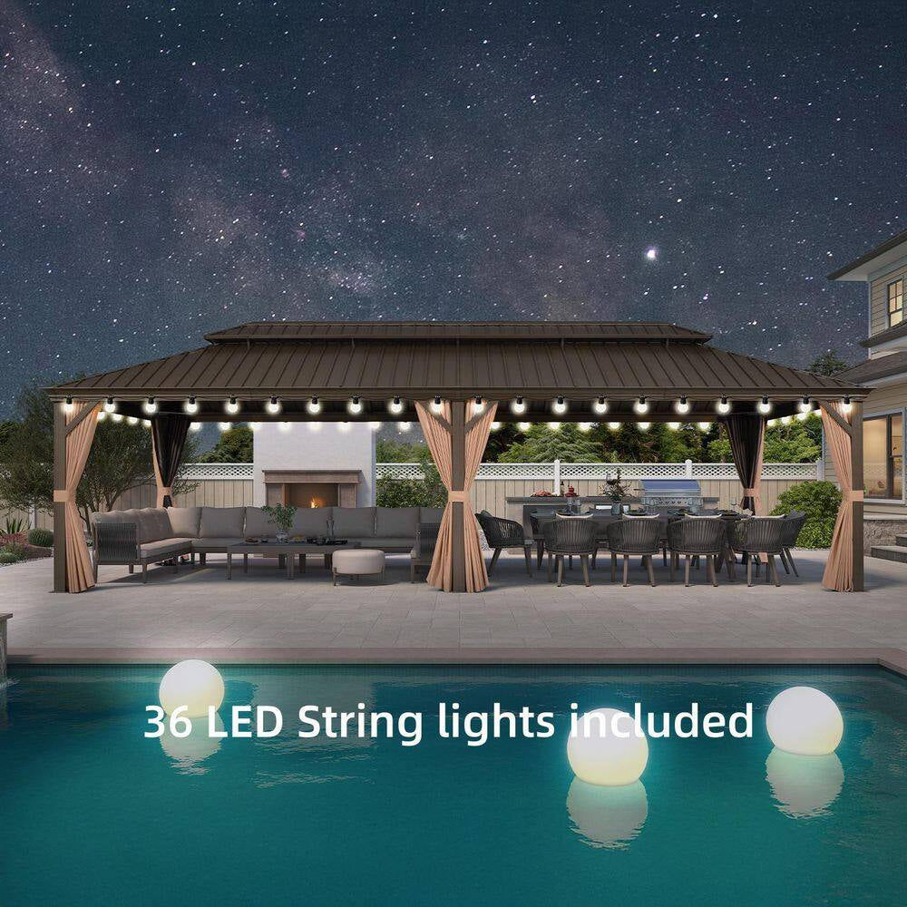 13 Ft.X 20 Ft.Bronze Patio Outdoor Gazebo for Backyard Hardtop Aluminum Frame with Hooks,Netting,Khaki Curtain,36-Lights