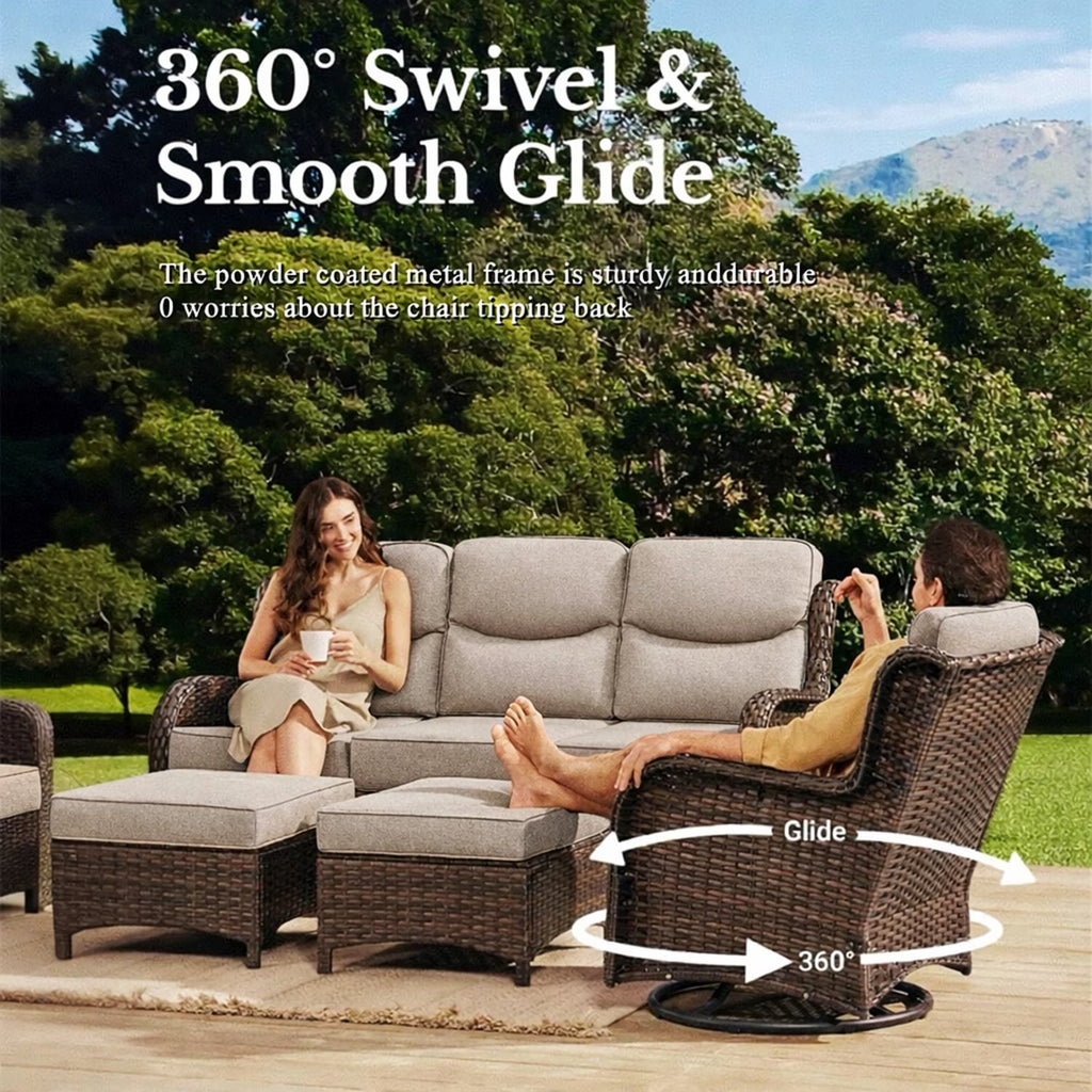 6 Pieces Luxury Outdoor Patio Furniture Sets Outdoor Conversation Sets with Swivel Rocker Patio Chairs with 6" Thick Cushion,Sofa and Glass Coffee Table for Porch Deck Backyard Poolside