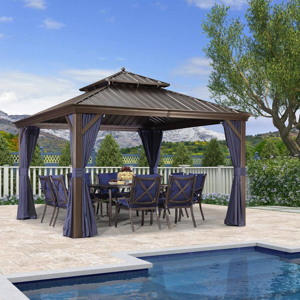 12 Ft. X 12 Ft. Bronze Aluminum Power-Coated Frame Galvanized Steel Double Roof Hardtop Gazebo Hook Netting Blue Curtain