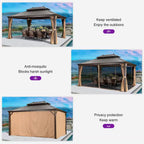 12 Ft.X 16 Ft.Bronze Aluminum Power-Coated Frame Galvanized Steel Double Roof Hardtop Gazebo,Hooks,Netting,Khaki Curtain