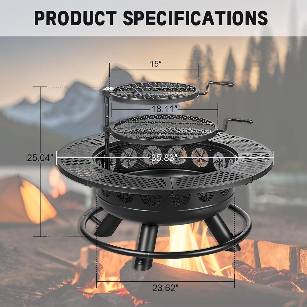 36 Inch Fire Pit with 2 Cooking Grills,Outdoor Wood Burning BBQ Firepit with Lid, 3-In-1 Outdoor Fire Pit for Backyard Deck Bonfire Patio Picnic(Black)