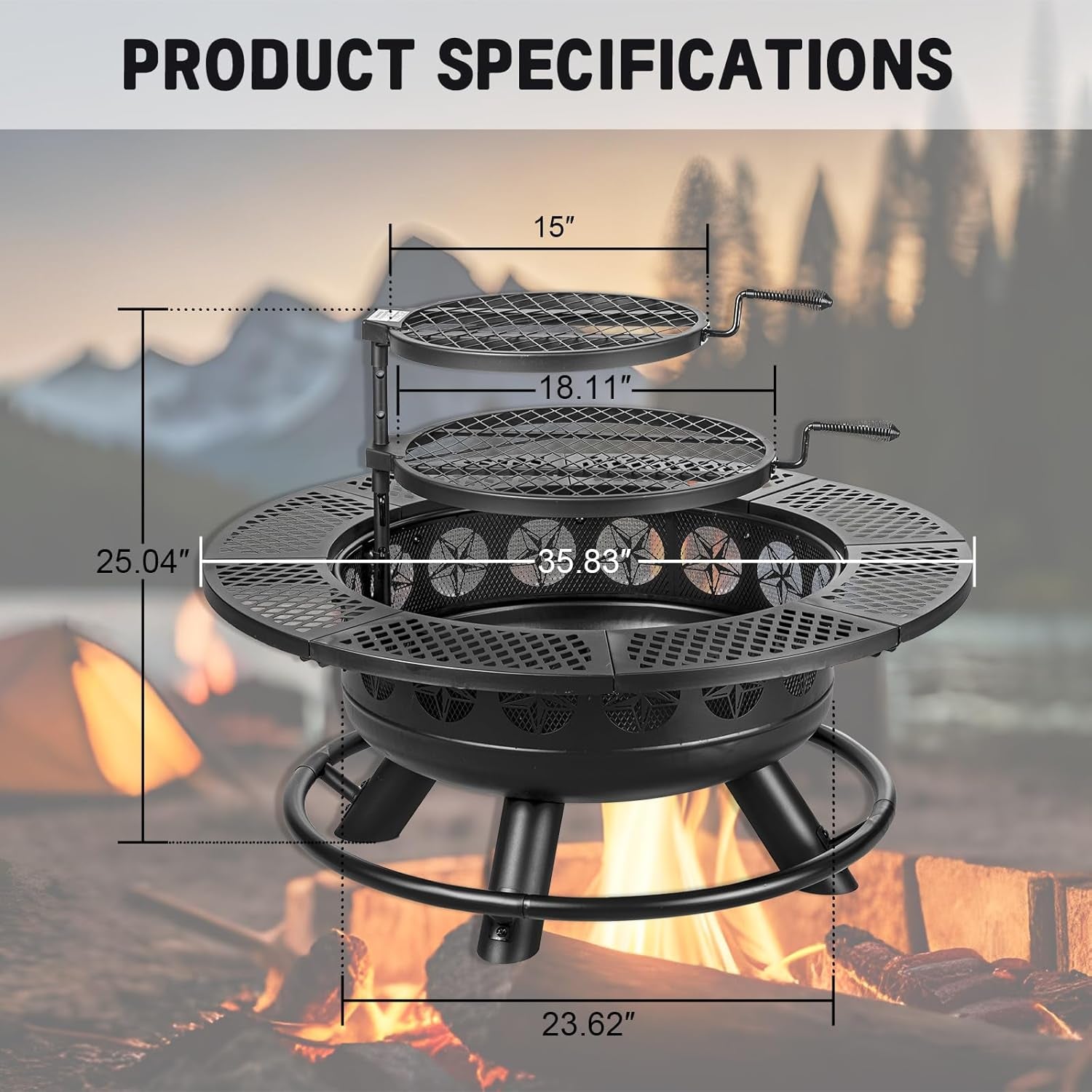 36 Inch Fire Pit with 2 Cooking Grills,Outdoor Wood Burning BBQ Firepit with Lid, 3-In-1 Outdoor Fire Pit for Backyard Deck Bonfire Patio Picnic(Black)
