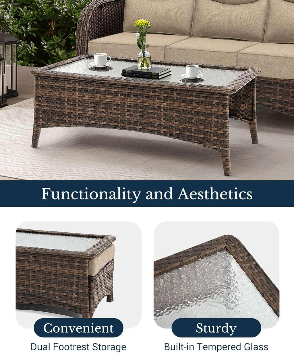 Luxury Outdoor Patio Furniture Set with 6-Inch Thick Cushions, High Back Wicker Swivel Rocker Chairs, 7 Pcs All Weather Conversation Set for Large Deck, Yard and Poolside, Beige (V3)