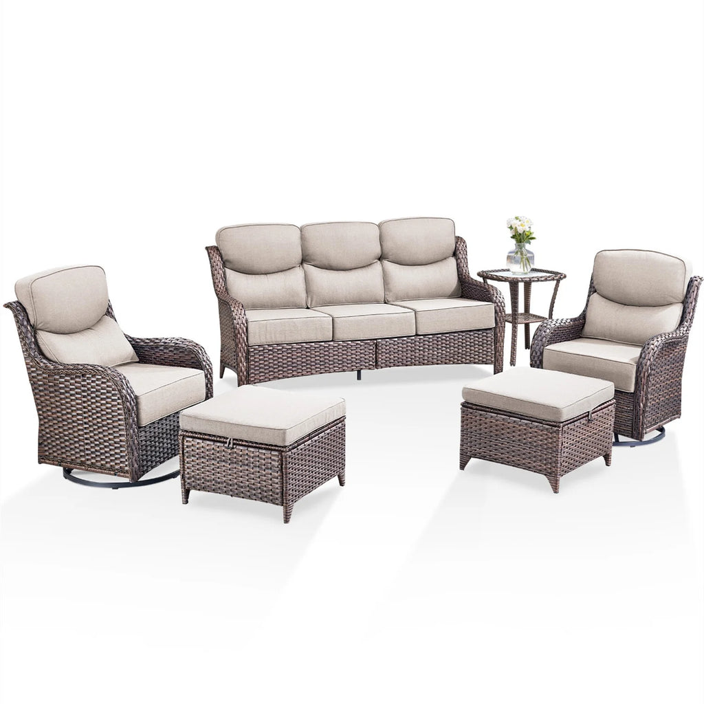 6 Pieces Luxury Outdoor Patio Furniture Sets Outdoor Conversation Sets with Swivel Rocker Patio Chairs with 6" Thick Cushion,Sofa and Glass Coffee Table for Porch Deck Backyard Poolside