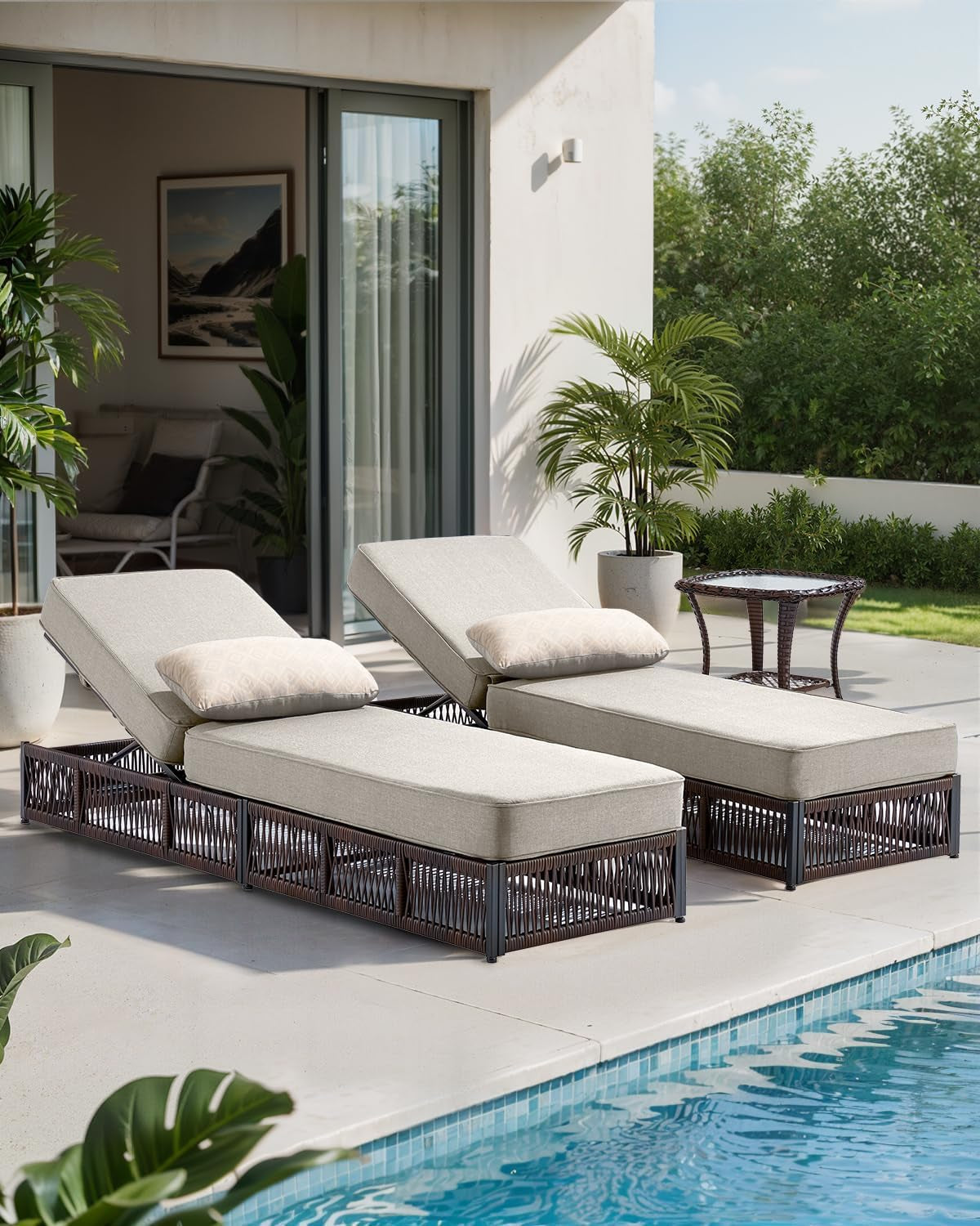 Luxury Outdoor Chaise Lounge Chairs of 2 with 5 Inch Thick Cushions and Side Table - 3 PCS High Back Brown Wicker Rattan Patio Recliners Lounger Furniture Set for Poolside Sunbathing - Beige