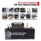 Castelle Flame Belmont 43-Inch 6-Burner 85K BTU Stainless Steel Outdoor BBQ Kitchen Grill Island With Wine Cooler, Rotisserie, And Sink