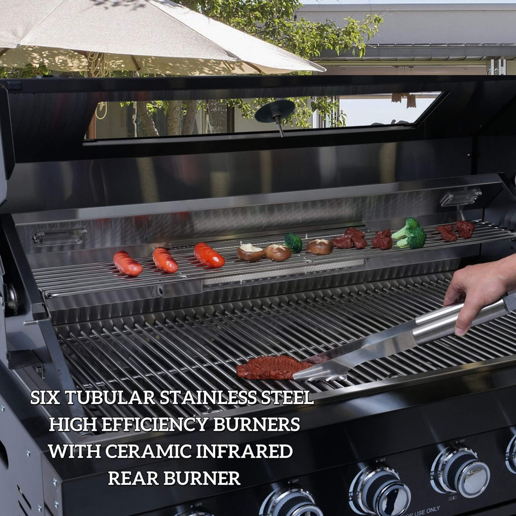 Castelle Flame Belmont 43-Inch 6-Burner 85K BTU Stainless Steel Outdoor BBQ Kitchen Grill Island With Wine Cooler, Rotisserie, And Sink