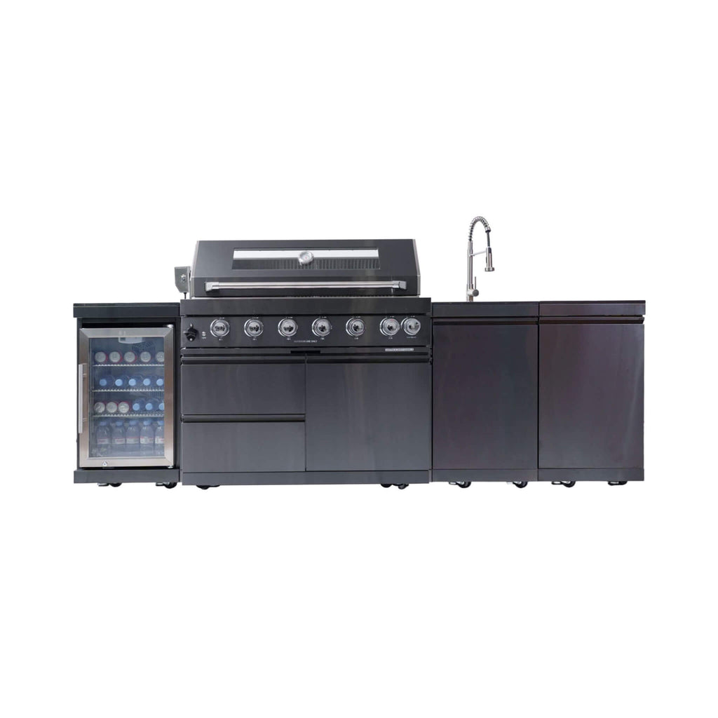 Castelle Flame Belmont 43-Inch 6-Burner 85K BTU Stainless Steel Outdoor BBQ Kitchen Grill Island With Wine Cooler, Rotisserie, And Sink