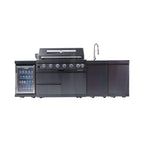Castelle Flame Belmont 43-Inch 6-Burner 85K BTU Stainless Steel Outdoor BBQ Kitchen Grill Island With Wine Cooler, Rotisserie, And Sink