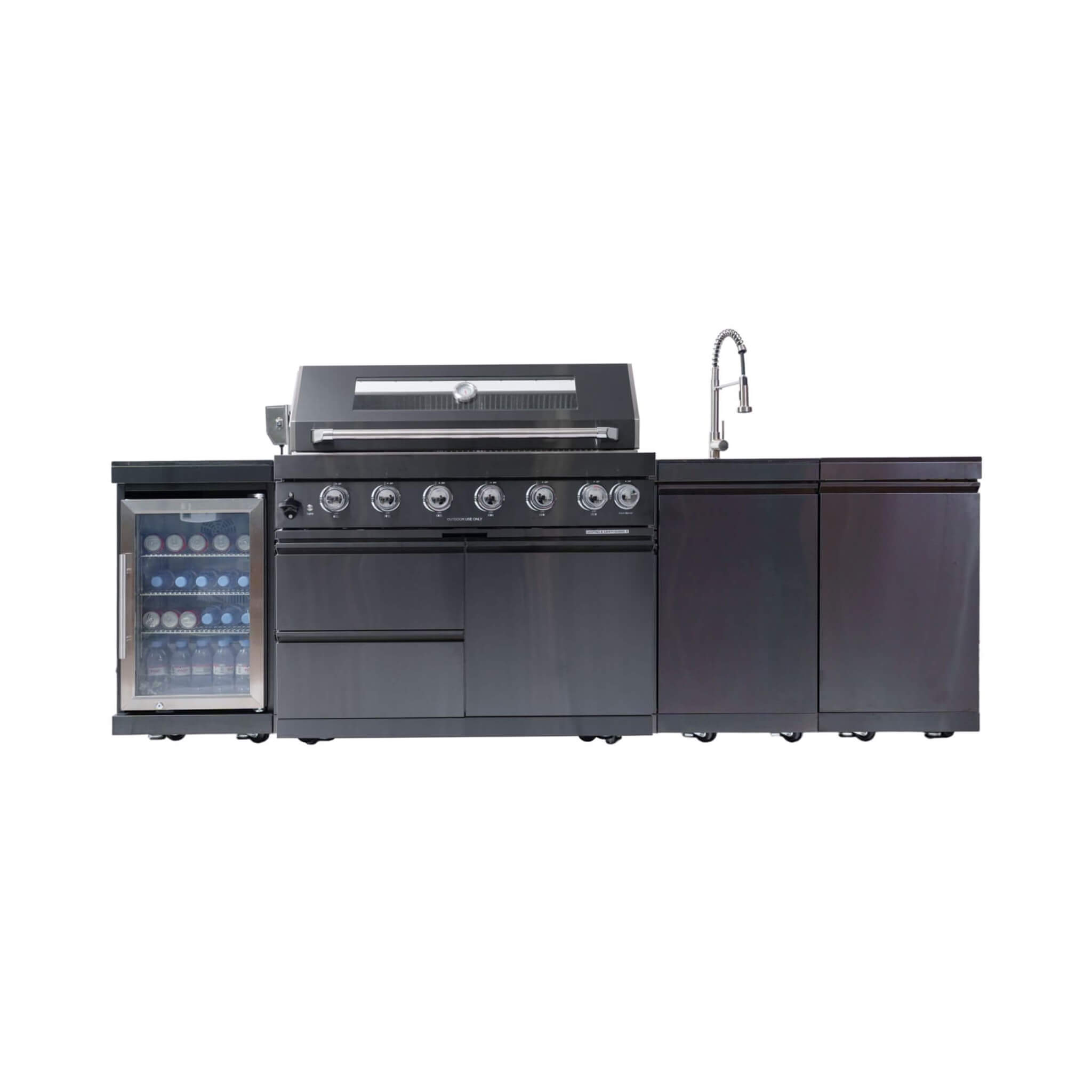 Castelle Flame Belmont 43-Inch 6-Burner 85K BTU Stainless Steel Outdoor BBQ Kitchen Grill Island With Wine Cooler, Rotisserie, And Sink