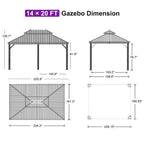 14 Ft.X 20 Ft.Bronze Aluminum Power-Coated Frame Galvanized Steel Double Roof Hardtop Gazebo,Hooks,Netting,Khaki Curtain
