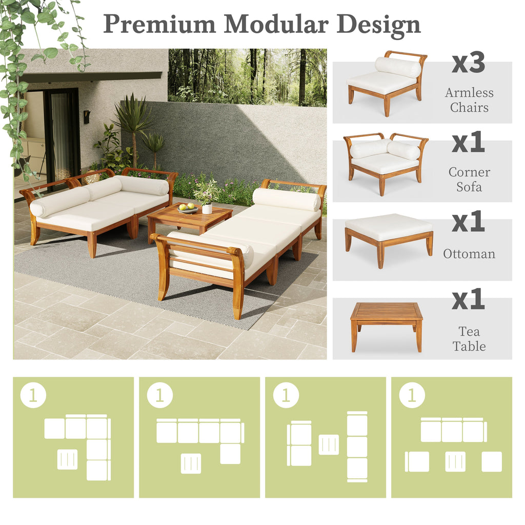 6- Piece Acacia Wood Outdoor Modular Sectional with Daybed and Tea Table