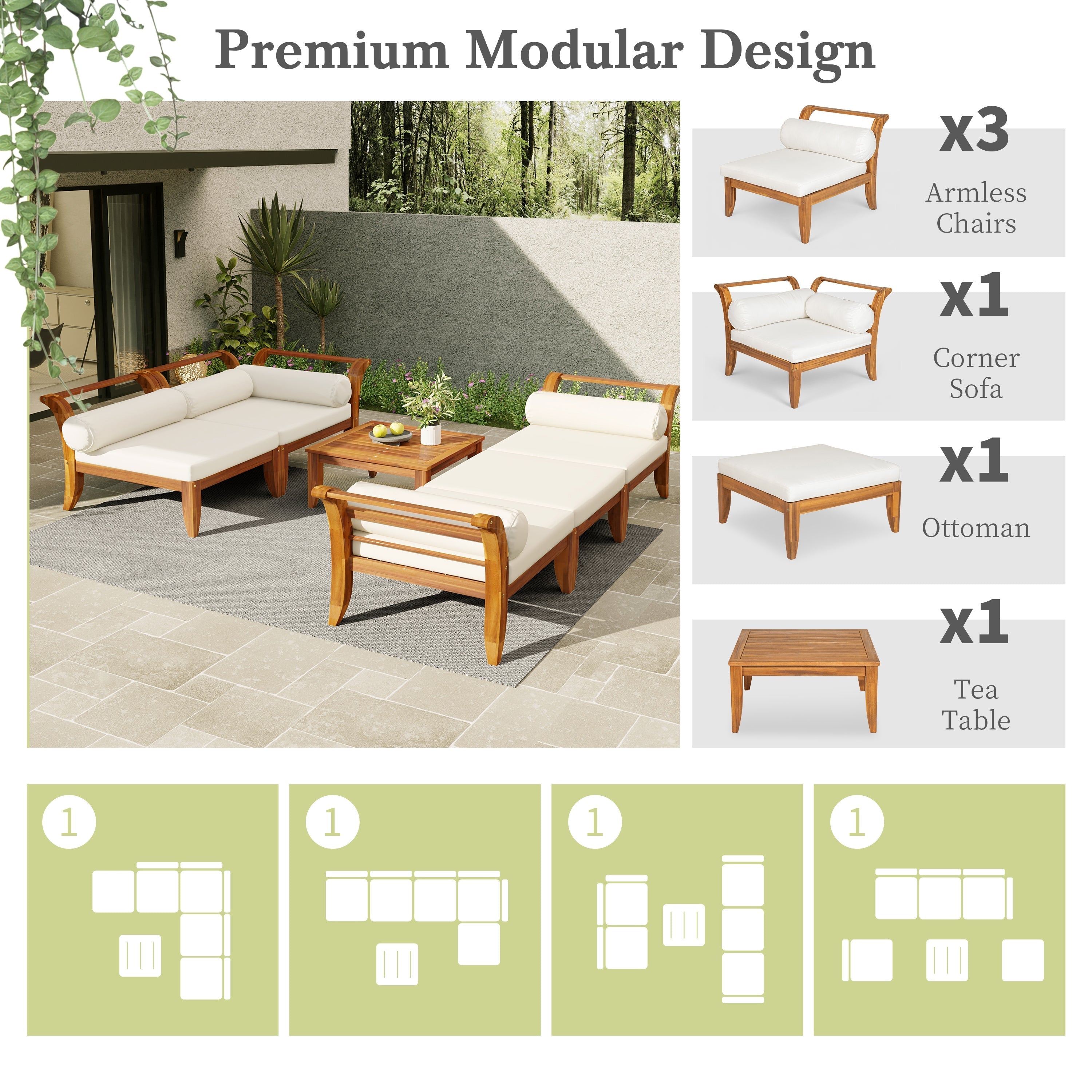 6- Piece Acacia Wood Outdoor Modular Sectional with Daybed and Tea Table