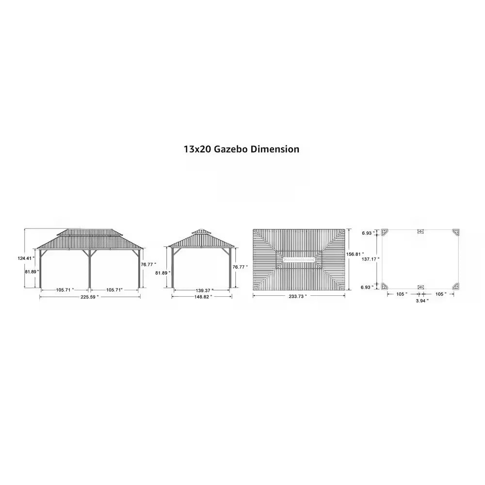 13 Ft. X 20 Ft. Gray Aluminum Power-Coated Frame Galvanized Steel Double Roof Hardtop Gazebo,Hooks, Netting,Gray Curtain