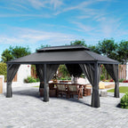 12 Ft. X 20 Ft. Double Roof Hardtop Aluminum Patio Gazebo with Netting and Gray Curtains