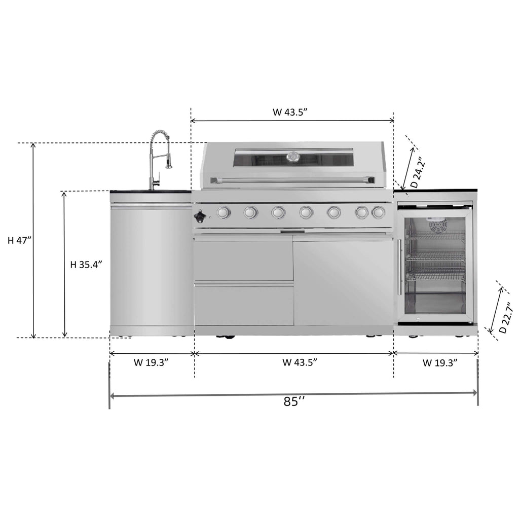 Castelle Flame Verona 44-Inch 6-Burner 85K BTU Stainless Steel Outdoor BBQ Kitchen Grill Island with Wine Cooler, Rotisserie Kit, And Storage Cabinets