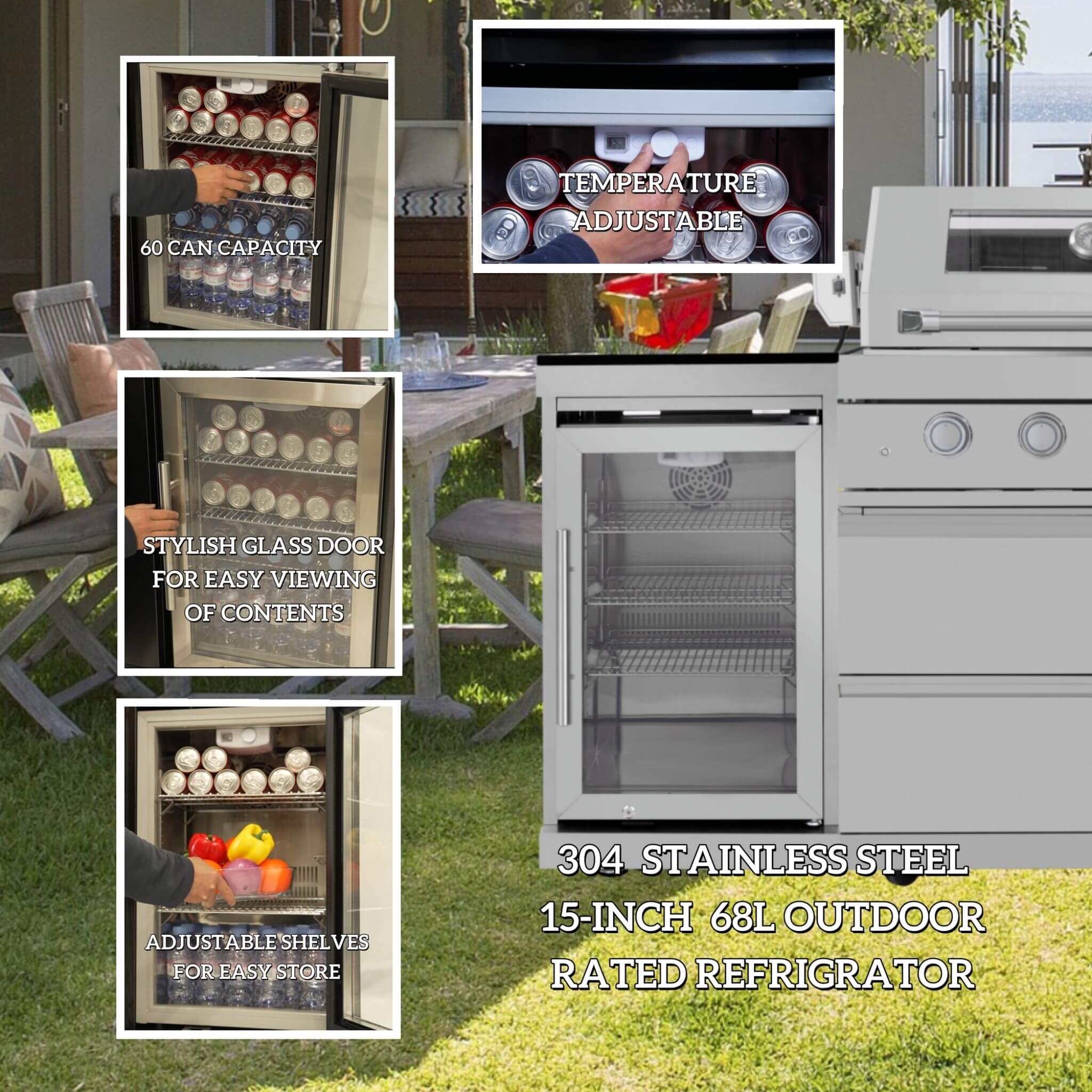 Castelle Flame Verona 44-Inch 6-Burner 85K BTU Stainless Steel Outdoor BBQ Kitchen Grill Island with Wine Cooler, Rotisserie Kit, And Storage Cabinets