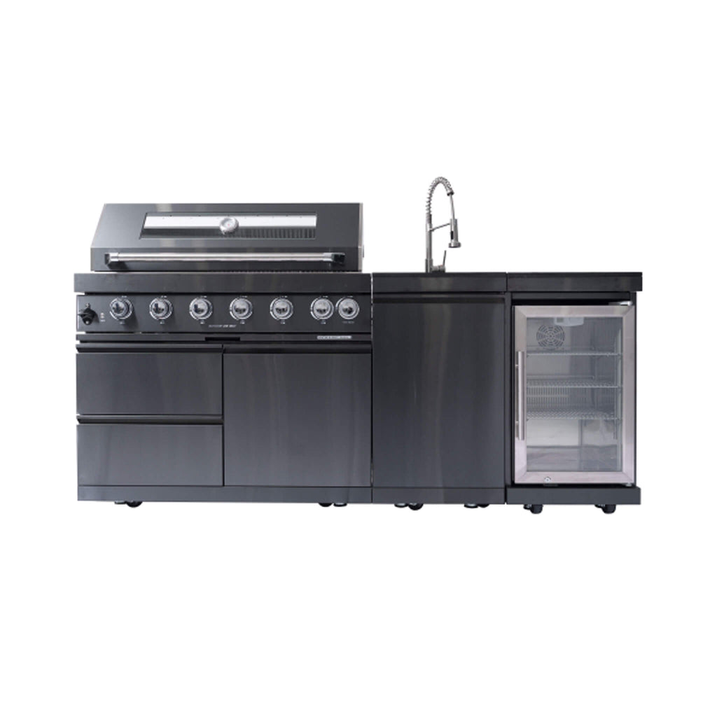 Castelle Flame Verona 44-Inch 6-Burner 85K BTU Stainless Steel Outdoor BBQ Kitchen Grill Island with Wine Cooler, Rotisserie Kit, And Storage Cabinets