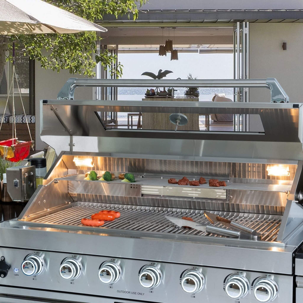 Castelle Flame Verona 44-Inch 6-Burner 85K BTU Stainless Steel Outdoor BBQ Kitchen Grill Island with Wine Cooler, Rotisserie Kit, And Storage Cabinets