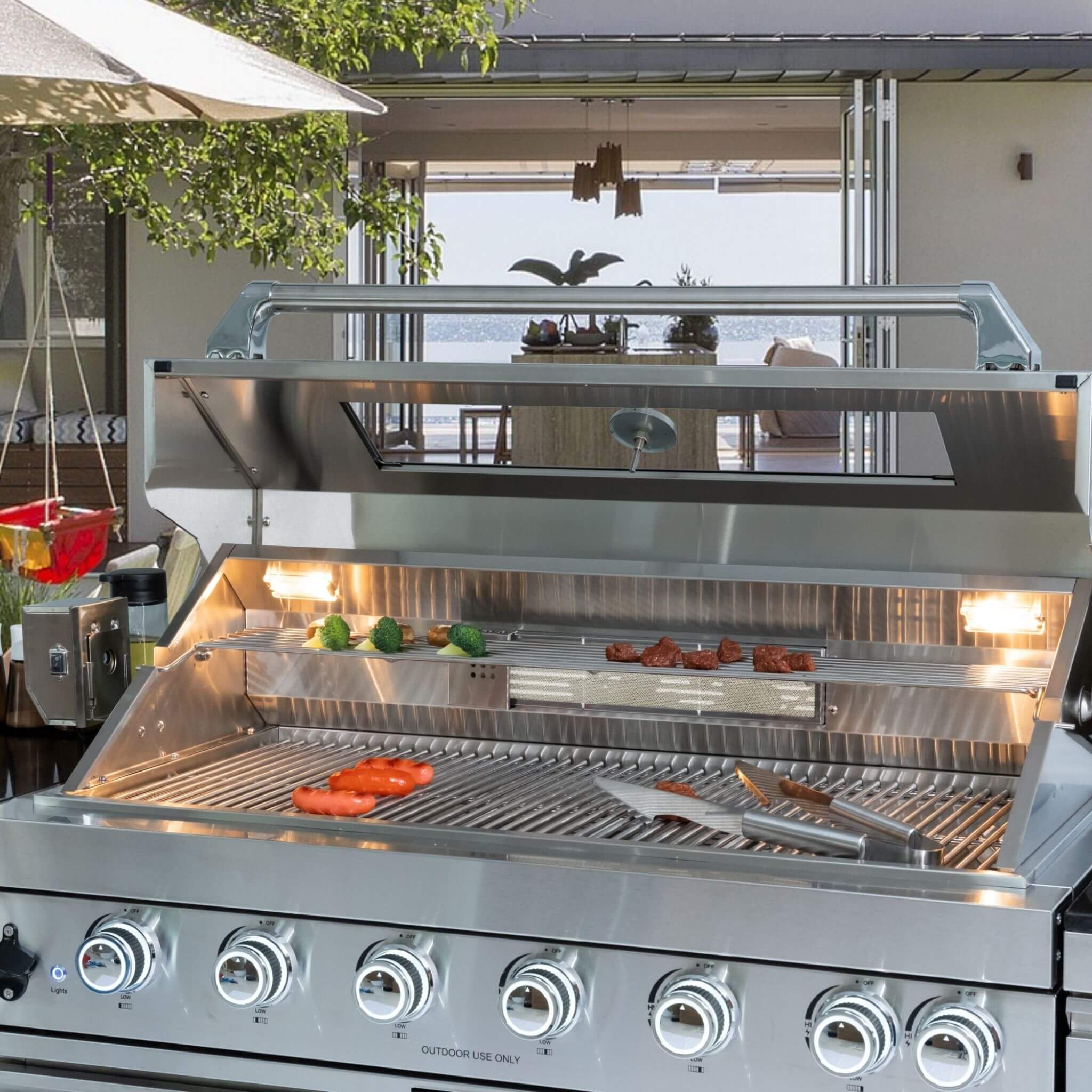 Castelle Flame Verona 44-Inch 6-Burner 85K BTU Stainless Steel Outdoor BBQ Kitchen Grill Island with Wine Cooler, Rotisserie Kit, And Storage Cabinets