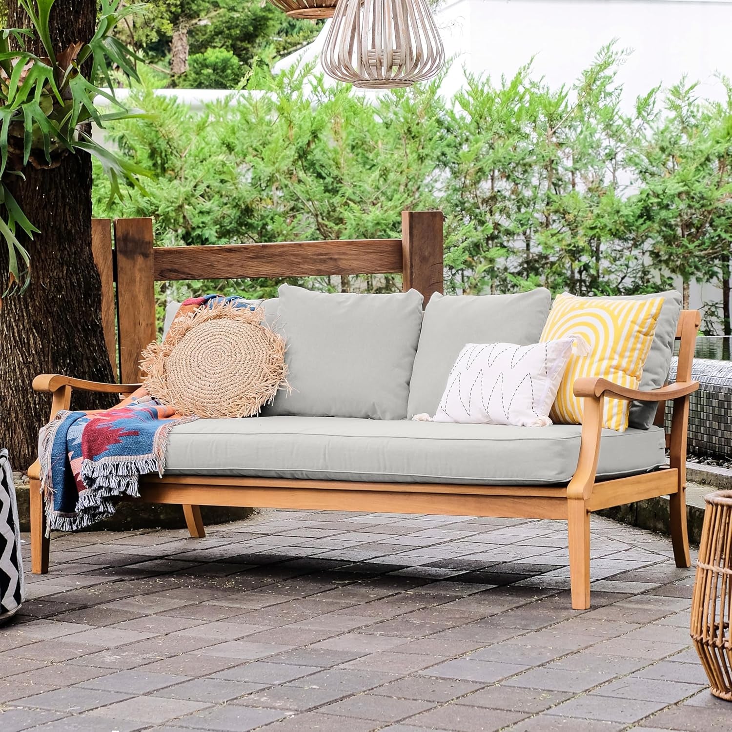 Robin Teak Wood Outdoor Sofa Bed with Oyster Thick Cushion, Weather-Resistant Patio Lounger, Seats up to 3 People, 750 Lb Weight Capacity, Removable Cushion