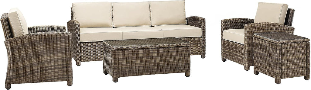 Bradenton 5-Piece Outdoor Sofa Patio Furniture Set, Wicker Conversation Sets for Porch, Brown with Sand Cushions