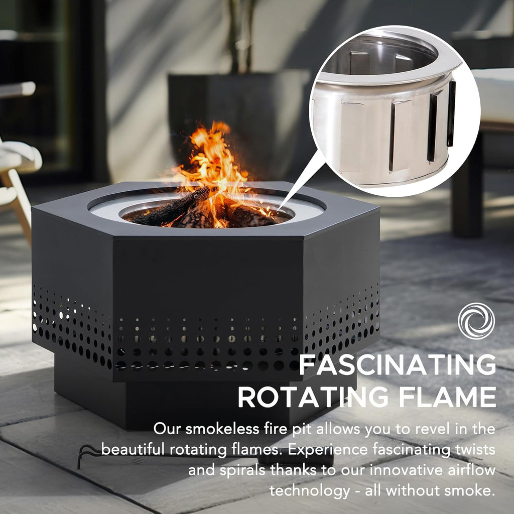Smokeless Fire Pit 28-Inch Hexagonal Firepit for Outdoor, Stainless Steel Wood Burning Fireplace with Removable Ash Pan, PVC Cover and Fire Poker, Ideal for Camping, Bonfire, Backyard, Black