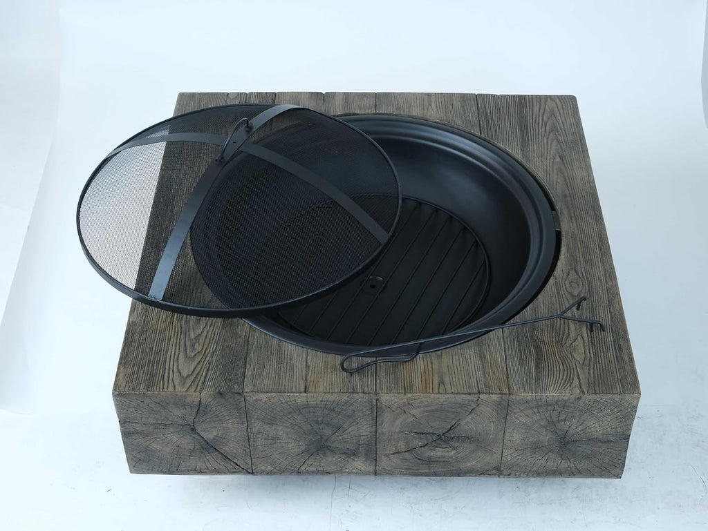 Outdoor Wood Burning Fire Pit with Wood Grain Design, Magnesium Oxide, Antique Dark Grey, 27.4” X 24.4” X 18” for Garden and Patio