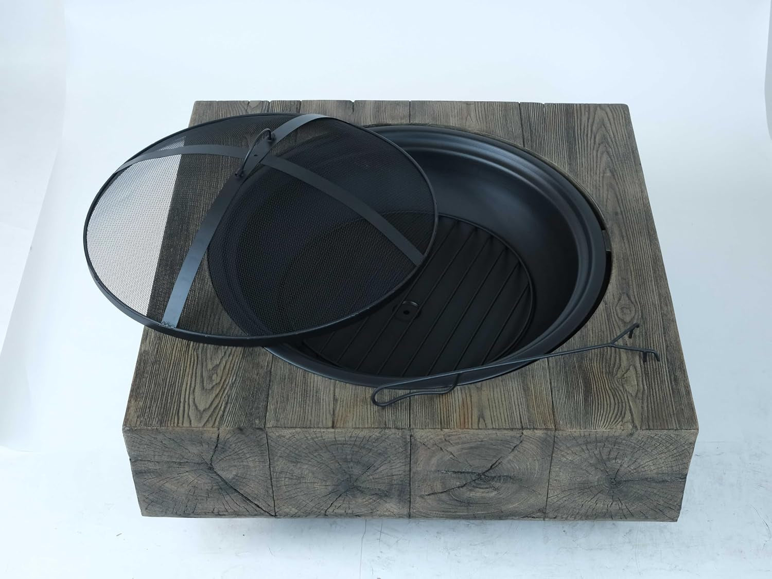 Outdoor Wood Burning Fire Pit with Wood Grain Design, Magnesium Oxide, Antique Dark Grey, 27.4” X 24.4” X 18” for Garden and Patio