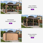 10 Ft.X 14 Ft.Bronze Aluminum Power-Coated Frame Galvanized Steel Double Roof Hardtop Gazebo,Hooks,Netting,Khaki Curtain