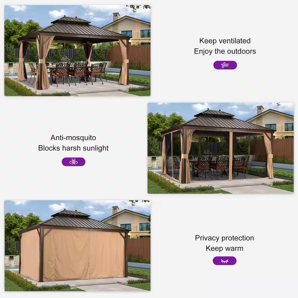 10 Ft.X 14 Ft.Bronze Aluminum Power-Coated Frame Galvanized Steel Double Roof Hardtop Gazebo,Hooks,Netting,Khaki Curtain