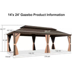 14 Ft. X 24 Ft. Bronze Patio Outdoor Gazebo for Backyard Hardtop Aluminum Frame, Hooks, Netting, Khaki Curtain,48-Lights