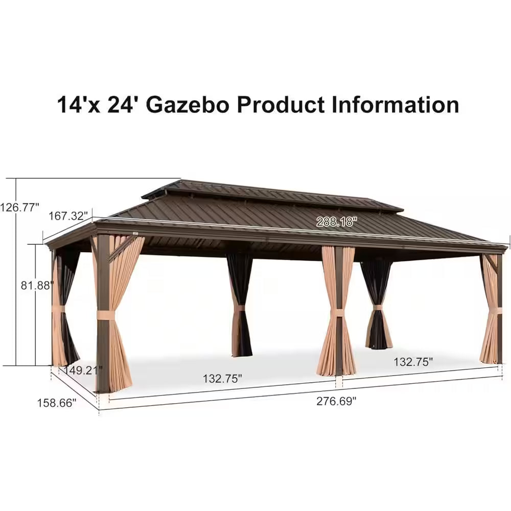 14 Ft. X 24 Ft. Bronze Patio Outdoor Gazebo for Backyard Hardtop Aluminum Frame, Hooks, Netting, Khaki Curtain,48-Lights
