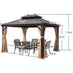 10 Ft.X 12 Ft.Bronze Aluminum Power-Coated Frame Galvanized Steel Double Roof Hardtop Gazebo,Hooks,Netting,Khaki Curtain