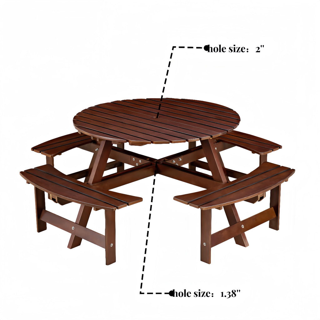 Outdoor 8- Person Round Picnic Table with Built-In Benches