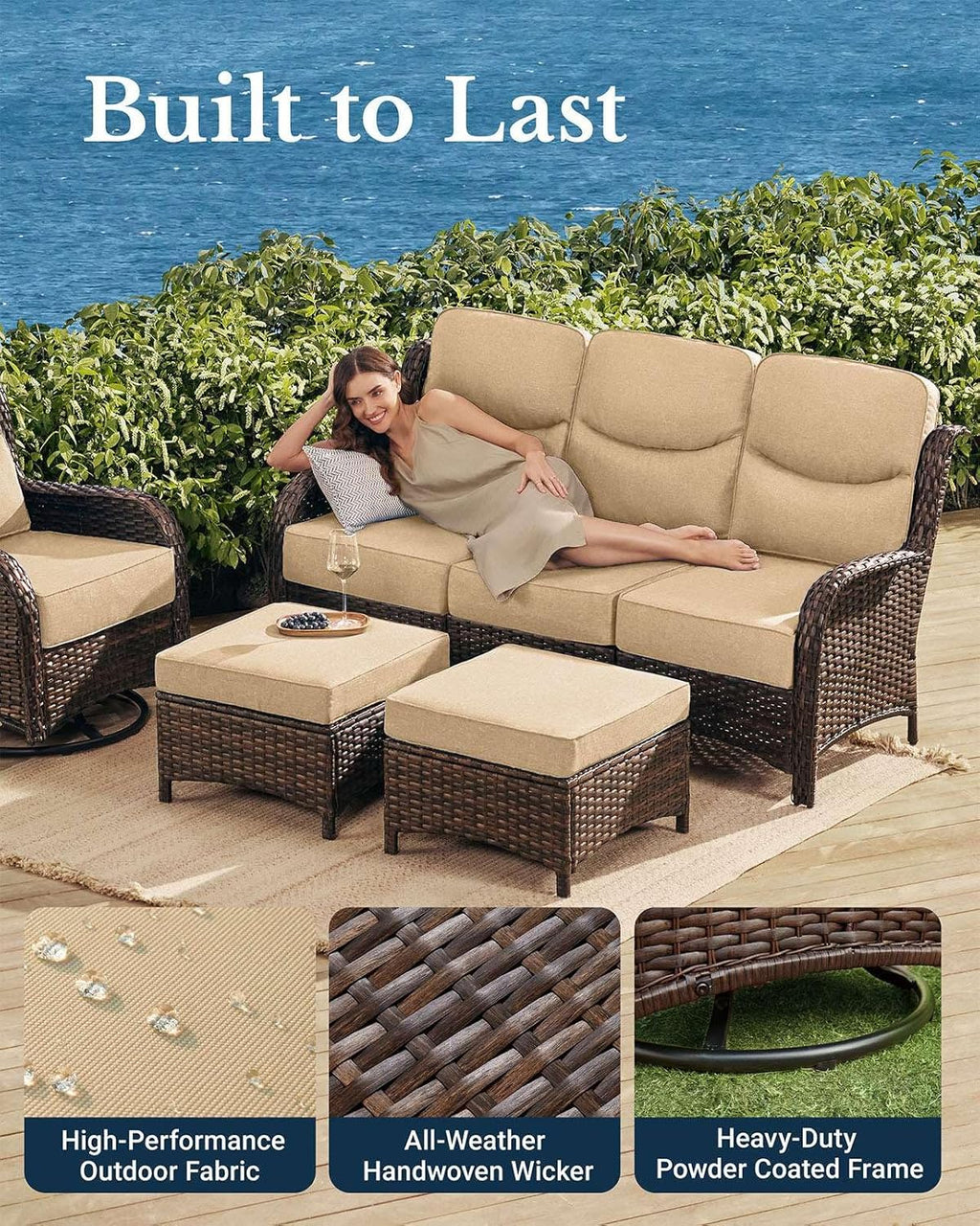 Luxury Outdoor Patio Furniture Set with 6-Inch Thick Cushions, High Back Wicker Swivel Rocker Chairs, 7 Pcs All Weather Conversation Set for Large Deck, Yard and Poolside, Beige (V3)