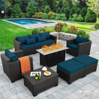 Outdoor Patio Furniture 60000 BTU Outdoor Propane Fire Pit Table Patio Furniture Set 45 in Outdoor Fire Pits 7 Pieces Patio Sofa Outdoor Chairs Anti-Slip Cushions Waterproof Covers, Peacock Blue