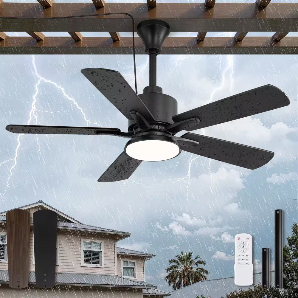42 In. Outdoor Black IP65 Waterproof Plug in 6-Speed Downrod Mount Standard Ceiling Fan with Lights,Hook,Remote Control