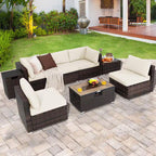 8-Piece Patio Rattan Furniture Set Fire Pit Table Tank Holder Cover Deck off White