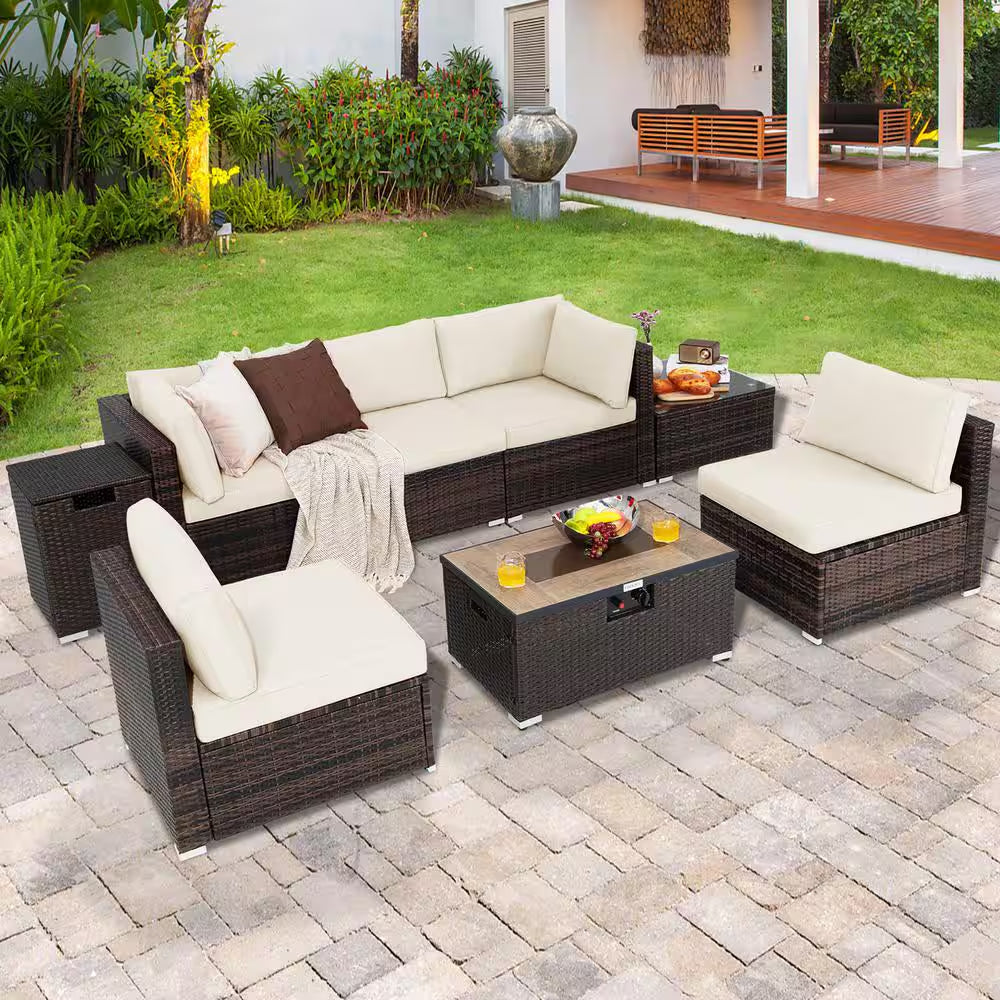 8-Piece Patio Rattan Furniture Set Fire Pit Table Tank Holder Cover Deck off White