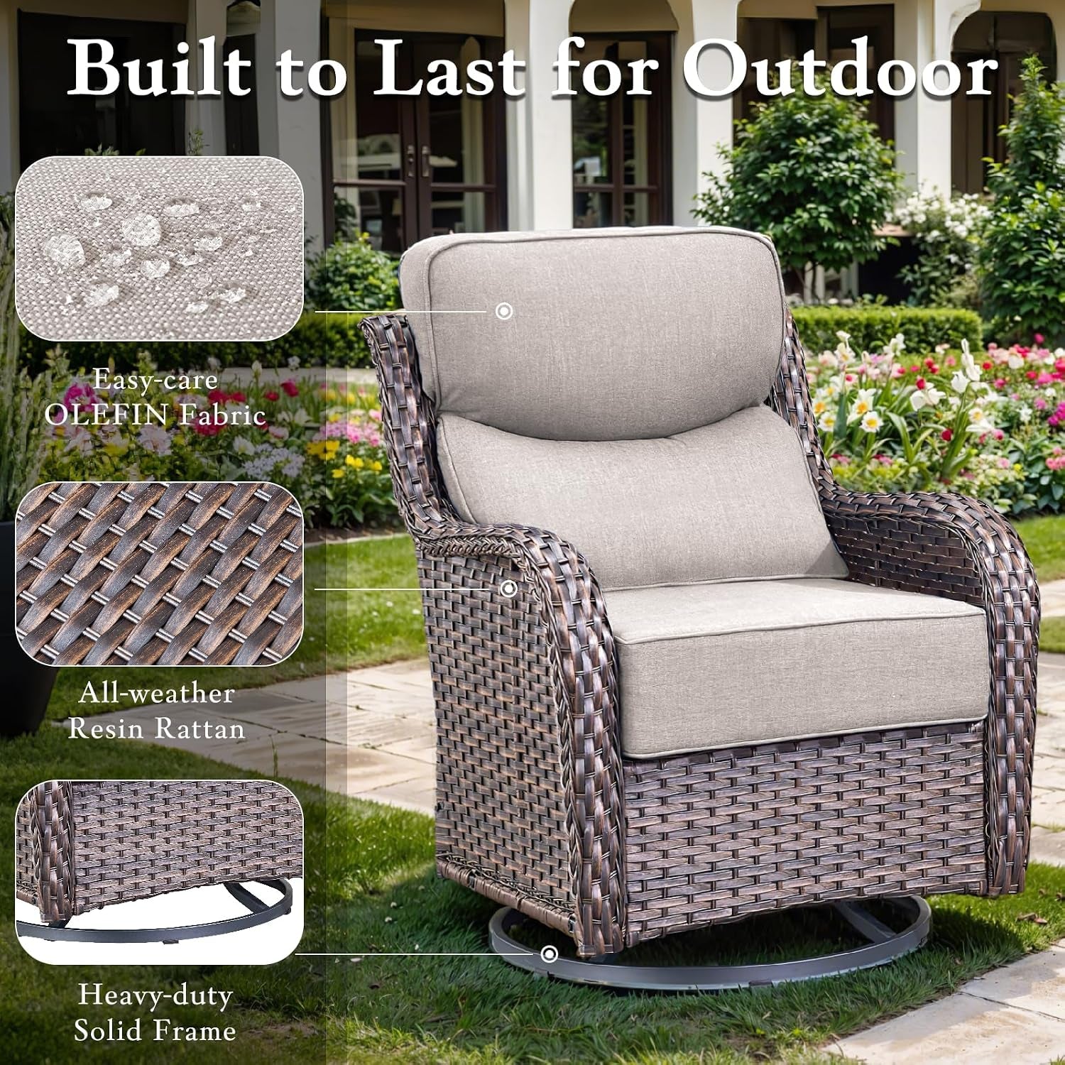 Luxury High Back Outdoor Furniture with 6-Inch Extra Thick Cushions, Patio Furniture Set with Fire Pit Table & Swivel Chairs, 9 PCS Wicker Conversation Set for Yard, Deck, Poolside, Brown/Beige