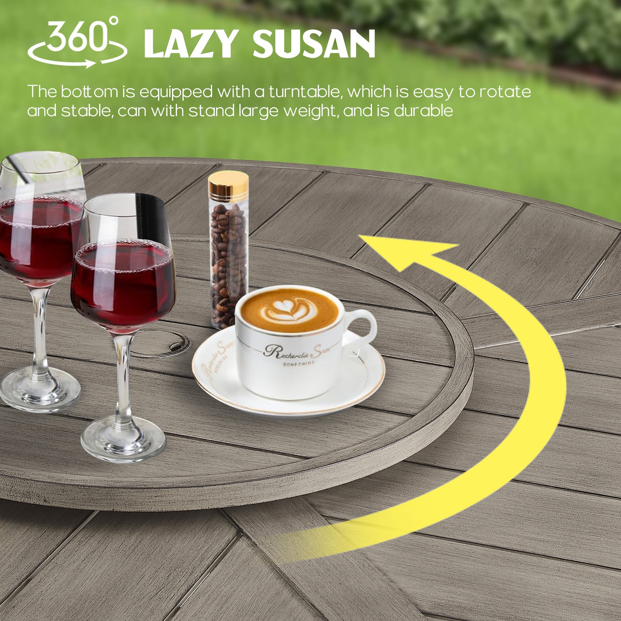 8PCS Round Dining Set With Lazy Susan and Sunbrella Umbrella And Cushion