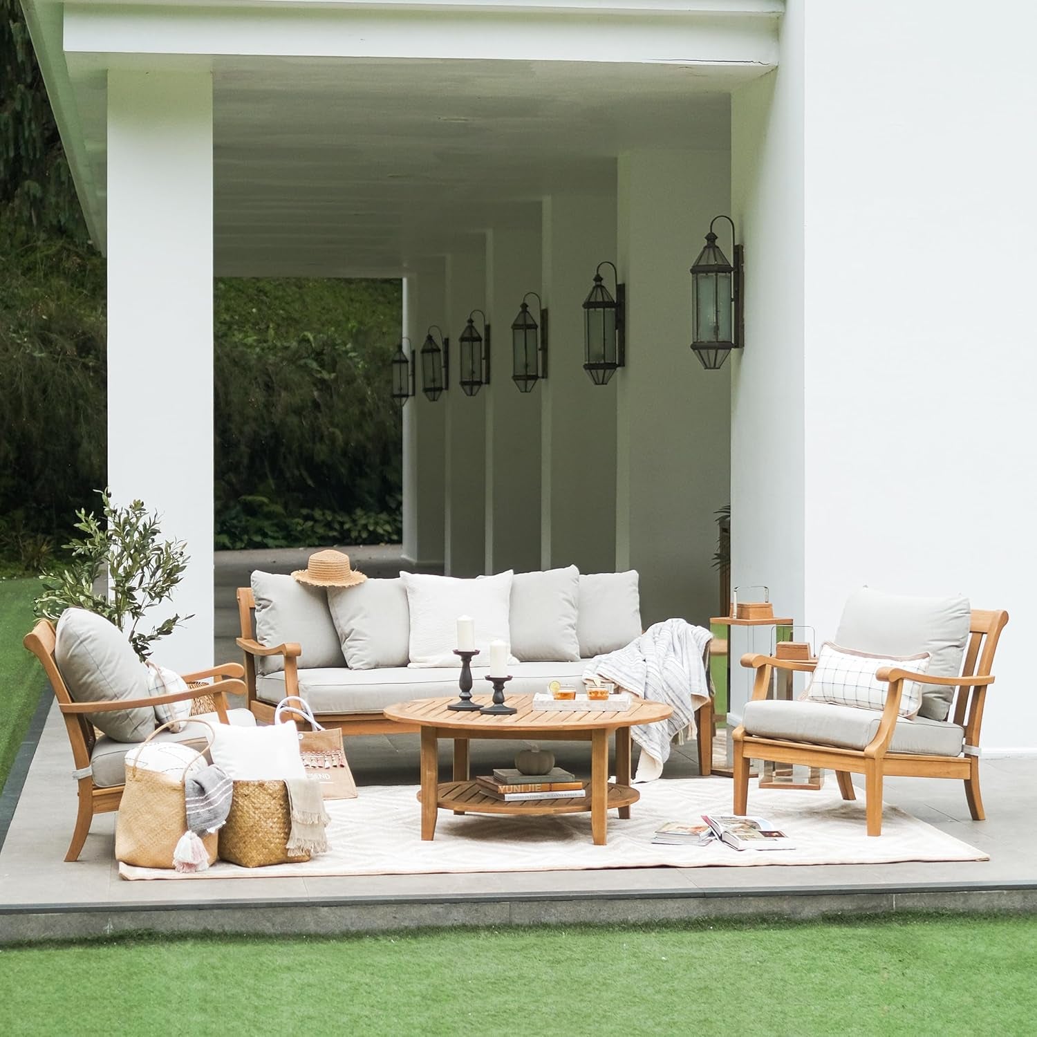 Robin Teak Wood Outdoor Sofa Bed with Oyster Thick Cushion, Weather-Resistant Patio Lounger, Seats up to 3 People, 750 Lb Weight Capacity, Removable Cushion