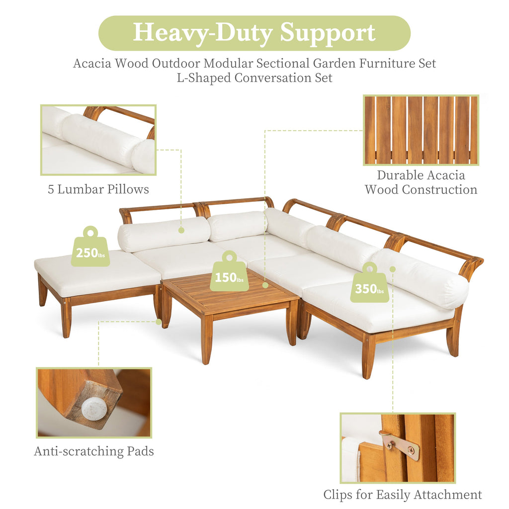 6- Piece Acacia Wood Outdoor Modular Sectional with Daybed and Tea Table