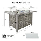 43 In. Propane Gas Fire Pit Table, 60000 BTU Rectangular Open Weave Wicker Fire Pit with Glass Wind Guard in Gray