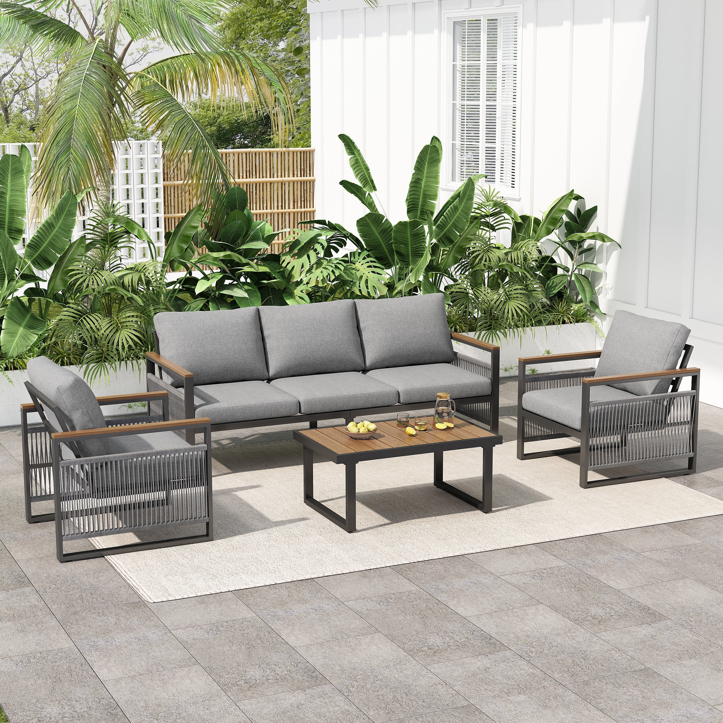 4-Piece Outdoor Metal Patio Furniture Set with Cushions