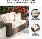 Signature Design by Ashley Coastline Bay Casual Weather Resistant Outdoor Loveseat with Cushion and 2 Throw Pillows, Nuvella Weather Resistant Fabric, Beige & Dark Brown